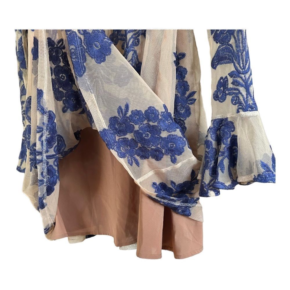 NEW For Love And Lemons Temecula Mini Dress Silk Blue Sheer Long Sleeve Women S - Picture 6 of 9